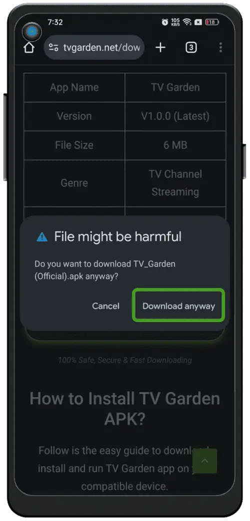 Android security warning: 'File might be harmful' dialog with 'Download anyway' highlighted